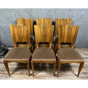 Set Of 6 Art Deco Period Walnut Chairs With Fan Backs, Circa 1930 