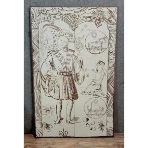 Two-leaf Screen Depicting A Historical Figure And Various Symbols