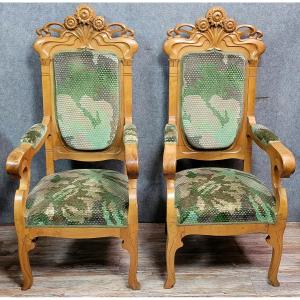 In The Spirit Of Alfonce Mucha's Forms: Rare Pair Of Art Nouveau Armchairs 