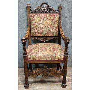 Renaissance Style Office Chair In Carved Walnut, 19th Century 
