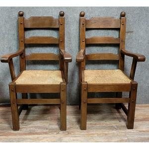 Pair Of Solid Wood Brutalist Armchairs Circa 1950