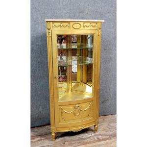 Louis XVI Style Corner Bookcase Display Case In Gilded Wood