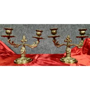 Louis XV Rococo Style Gilt Bronze Candlesticks Circa 1900