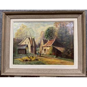 P. Guivalot: Oil Painting On Canvas, Animated Rural Landscape, Signed And Dated 1956