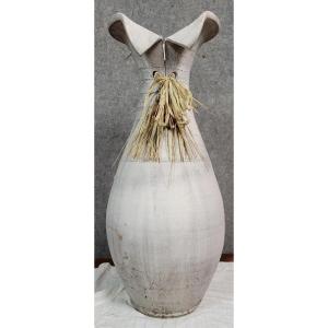 Vintage Whitewashed Pottery And Wicker Vase Circa 1980
