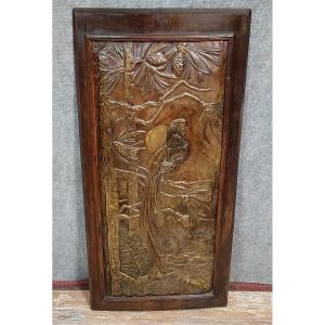 Large Japanese-style Wood Panel / Bas-relief In Embossed Copper 