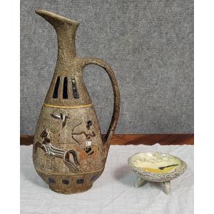  Atelier Garnier France Pottery: Large Pitcher With Lascaux Decorations Circa 1950 + A. Quiron Bowl