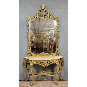 Large Venetian Console + Louis XV Baroque Style Mirror In Gilded Wood 