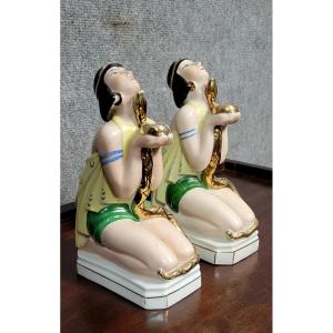 Pair Of Polychrome Porcelain Night Light Statues In Art Nouveau Style  
