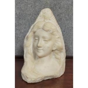 Lebrun: Bust Of A Young Girl Sculpted In White Marble, Art Nouveau Period 