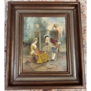 Oil On Panel: Painting Of A Gallant Scene In The Style Of The 18th Century
