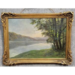 In Maury: Oil Painting On Canvas View Of Lake Annecy 