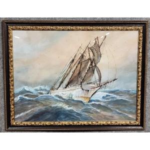 Frederick R. Wagner (1864-1940): Watercolor Painting Of A Sailboat On A Stormy Sea
