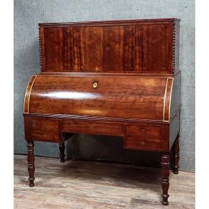 Very Important Parisian Roll-top Desk From The Charles X Period, In Mottled Mahogany On All Sides 