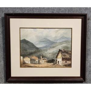 Watercolor From The Late 19th Century Depicting A Peaceful Mountain Village