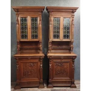 A Rare Pair Of Two-part Renaissance-style Buffets, Made Entirely Of Solid Oak.