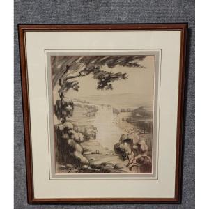 Antique Drawing Depicting A Hilly Landscape Rendered In Graphite And Charcoal
