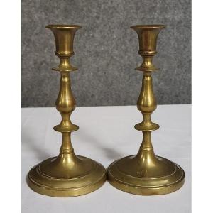 Pair Of Antique Brass Candlesticks, Finely Turned, Dating From The 19th Century