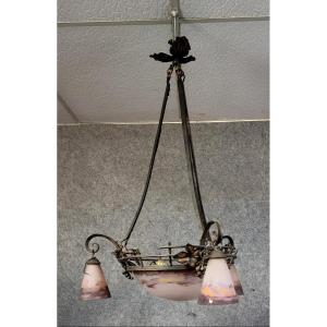 Degué: Art Nouveau Period Chandelier In Patinated Wrought Iron, With Stylized Plant Decoration