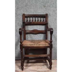 Renaissance-style Armchair In Solid Wood, Featuring A Backrest With Small Columns