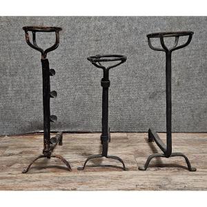 A Set Of Three Wrought Iron Fire Dogs (or Andirons), Dating From The 17th And 18th Centuries
