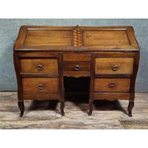 Antique Louis XV Period Curved Secretary Desk In Solid Wood And Marquetry, 18th Century 