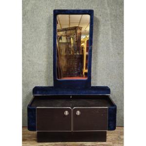 Dressing Table / Art Deco Cabinet With Mirror – Blue Velvet – 1930s/40s  