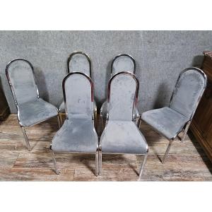 Set Of 6 Vintage Design Chairs – Chrome Metal & Velvet  