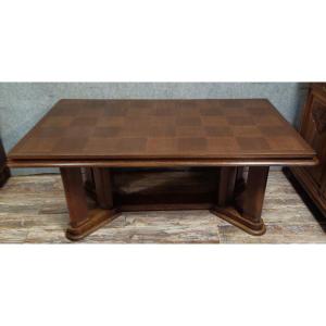Large Art Deco Extendable Table – Checkerboard Top – Stylized Column Legs