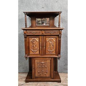 Antique Carved Walnut Cabinet With Terracotta Panels – Renaissance Style – 19th Century 