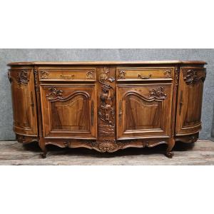 Sideboard With Putto - Curved - Richly Carved Louis XV Style - Marquetry Top 