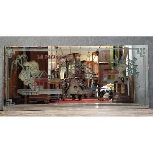 Decorative Restaurant Mirror – Oriental Decor “the Golden Pagoda” – Vintage 1970-1980