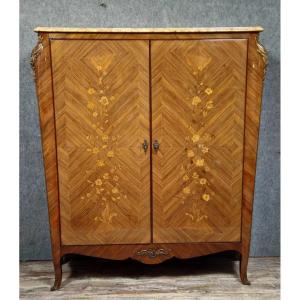 Louis XV Style Curved Wardrobe In Marquetry With Floral Decoration, 20th Century