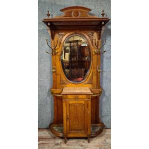 Antique Oak Coat Rack/cloakroom – Beveled Mirror – Marble – Renaissance Style – 19th Century