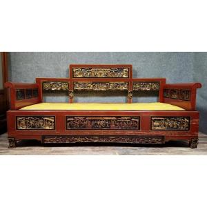 Carved Asian Bench – Red Lacquered Wood And Polychrome Relief Panels