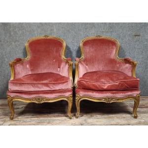Pair Of Louis XV Style Cabriolet Armchairs – Carved Wood – Pink Velvet – H 83