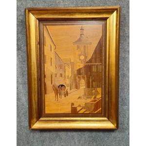 Framed Marquetry Panel – Ancient Urban Scene – 73 X 55 Cm
