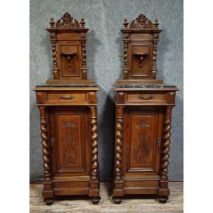 Pair Of Antique Walnut Bedside Tables – Twisted Columns – Black Marble Tops 
