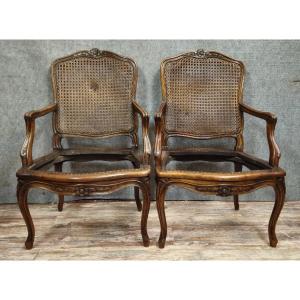 Pair Of Louis XV Style Cane Armchairs – Carved Wood – H 101 Cm