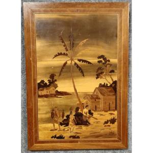 Antique Wood Marquetry Painting – Exotic Scene