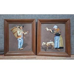 Pair Of Antique Signed Paintings - Paintings On Ceramic - Rural Scenes