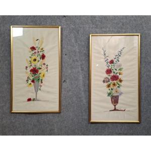 Pair Of Antique Embroidered Pictures – Framed Bouquets Of Flowers – Early 20th Century
