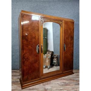 Art Deco Wardrobe In Burl Wood, Circa 1925-1930