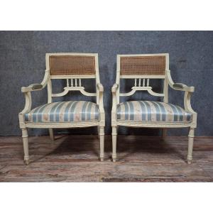 Pair Of Cane Armchairs In The Style Of Saint Louis XVI, Elegant And Full Of Charm / 1880