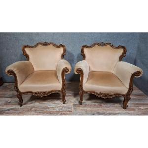 Pair Of Carved Walnut Armchairs – Louis XV Style – 19th Century