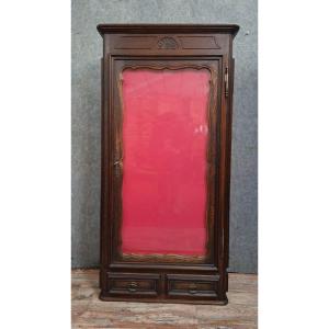 Display Case In Stained Wood - Red Padded Interior - 20th Century