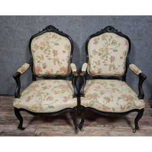 Pair Of Louis XV Style Armchairs, Moulded And Carved Wood, Black Lacquered