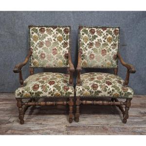Pair Of Solid Walnut Armchairs, French Work In The Louis XIII Style
