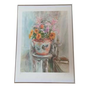 The Bouquet-lithograph By Jean Louis Morelle 20th Century