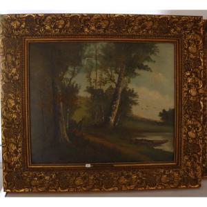 Lively Riverside Landscape – Oil On Canvas – Important 19th Century Gilt Frame